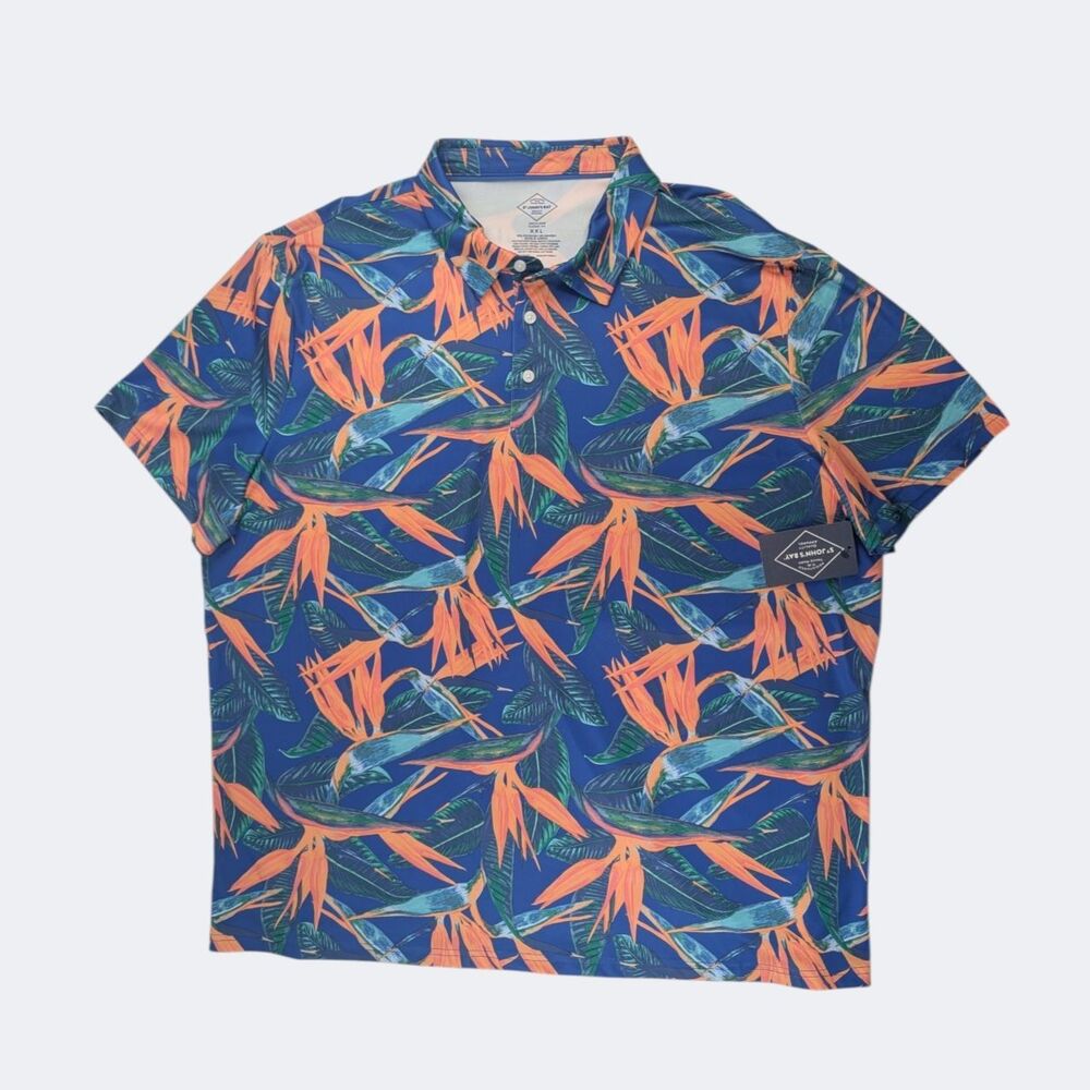 St. John's Bay XXL Hawaiian Polo Shirt Blue Floral Quick Dri Classic Fit NWT